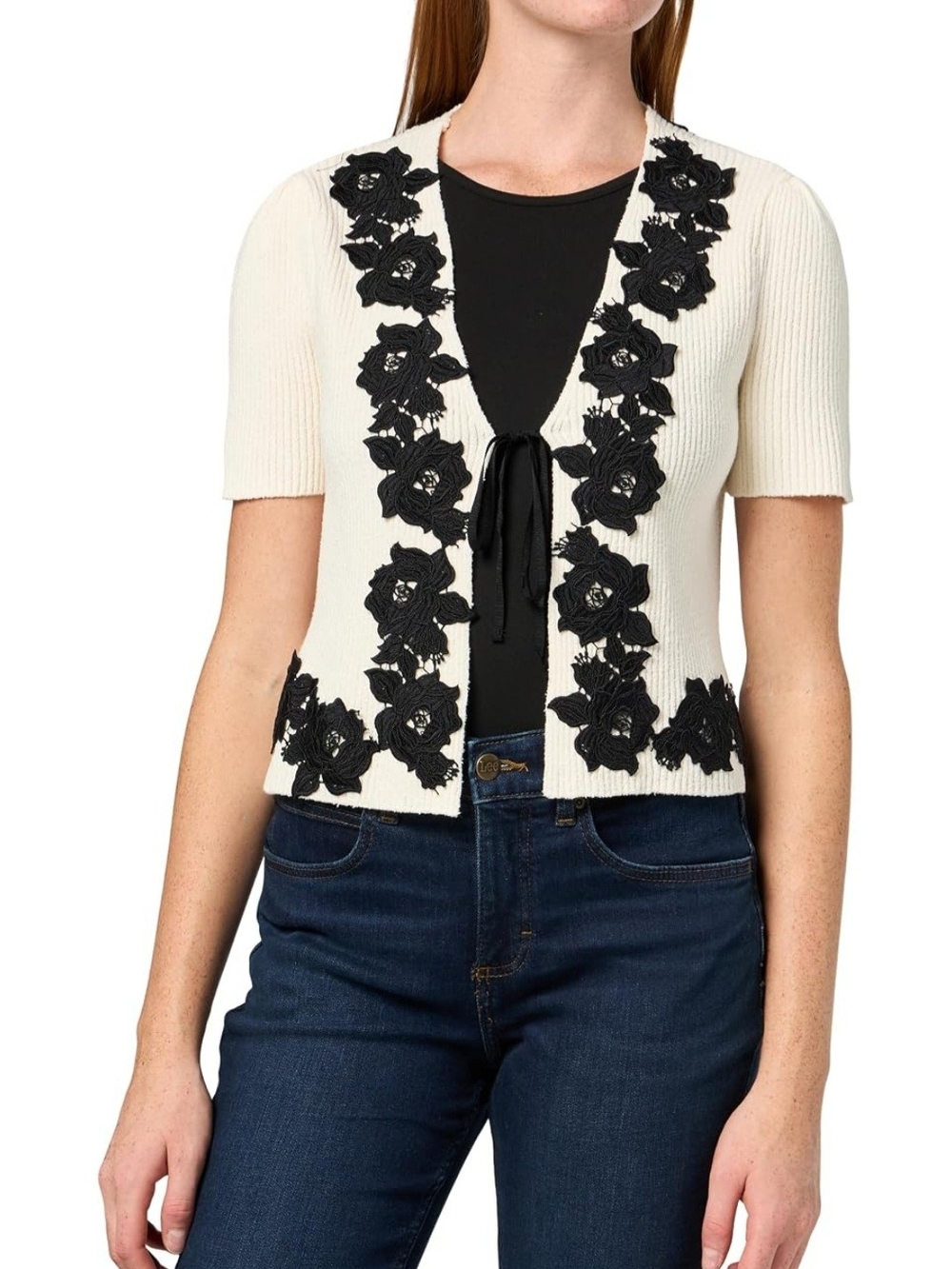 Derek Lam Cream Short-Sleeve Cardigan with Black Floral Appliqué